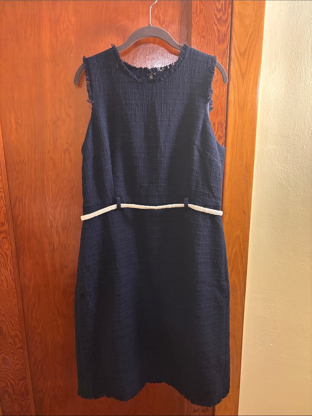J. Crew Navy Midi Sheath Dress with Cream Waist Trim